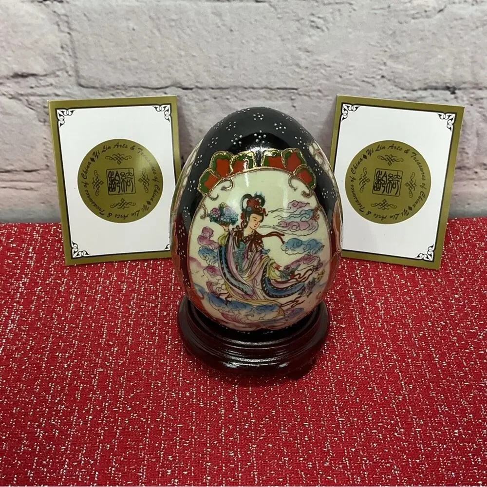 Yi Lin Arts & Treasures Porcelain Hand Painted Eggs Wooden Stands & Silk Box